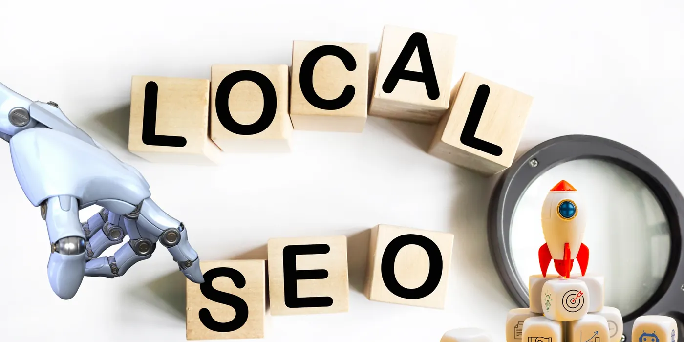 Wooden blocks spelling Local SEO beside a robotic hand and a magnifying glass